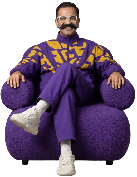 Brandaddy mascot sitting in a purple armchair