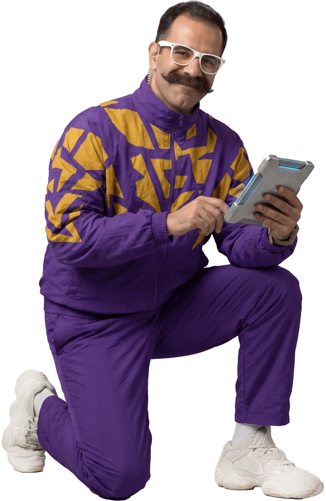 Brandaddy mascot reviewing work on a tablet
