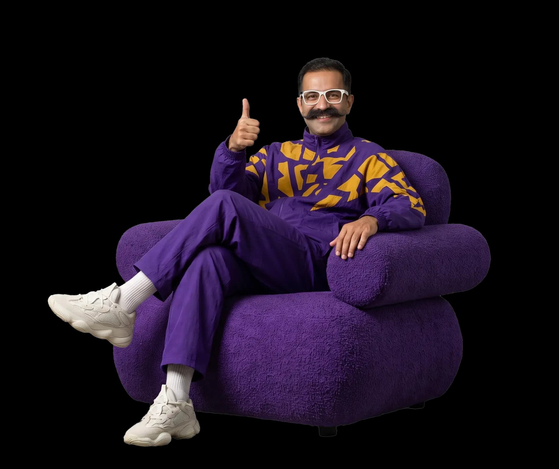 Brandaddy mascot sitting in armchair giving thumbs up